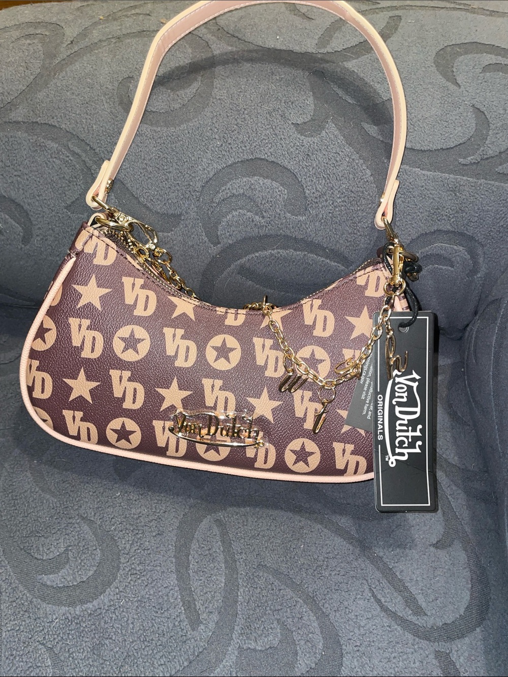 Von Dutch Tan and Brown Logo Chain-Accent Shoulder Bag